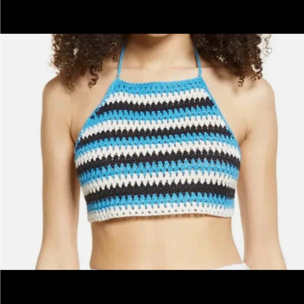 BP Blue and Black Striped Crochet Crop Top